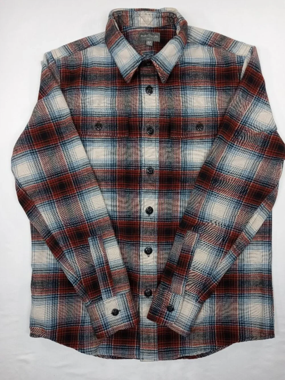 LL Bean Signature Mens Medium Regular Slim Fit Chamois Cloth Plaid Shirt Red Blu